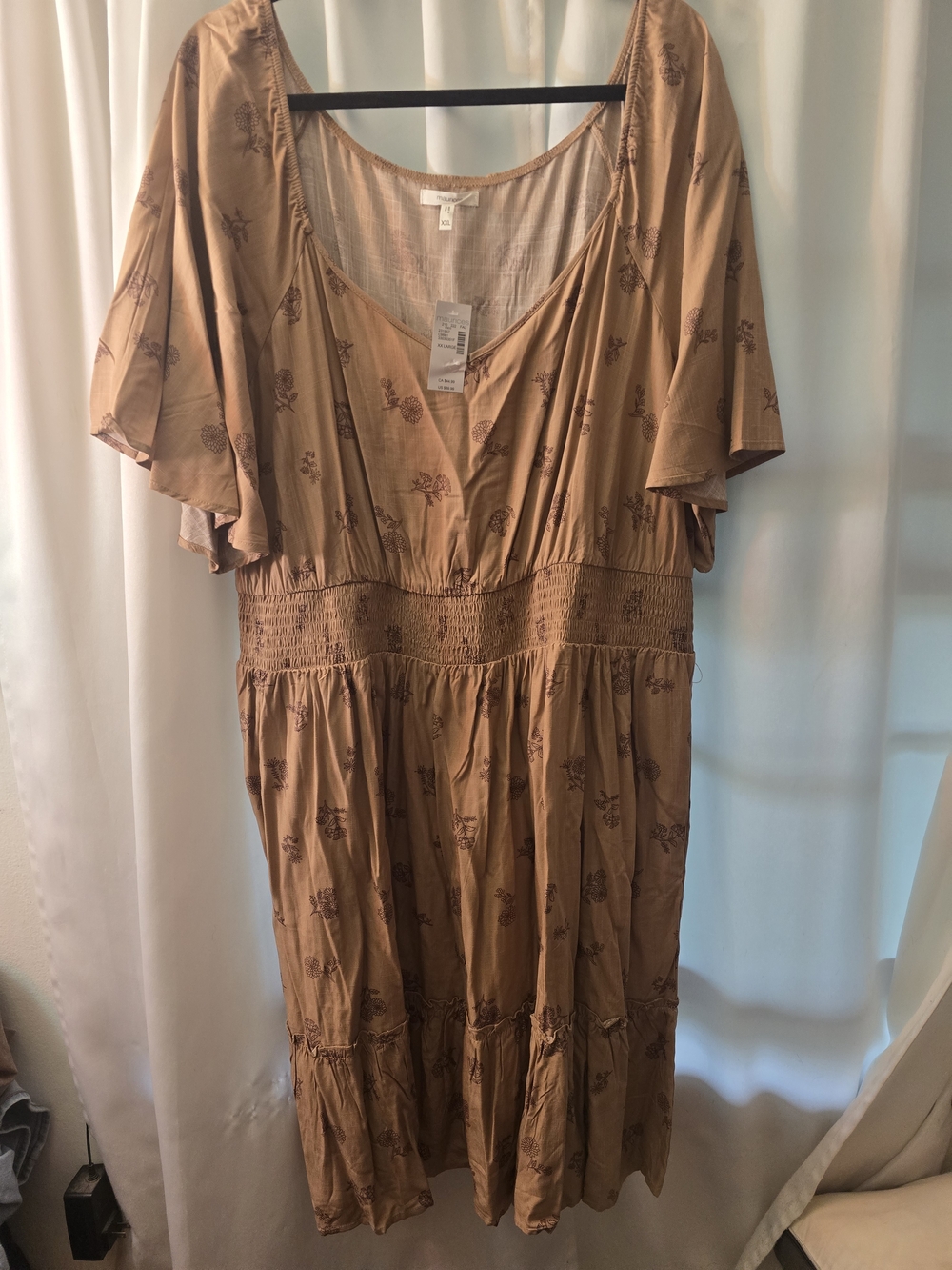 Maurices Tan Floral Midi Dress with Smocked Waist